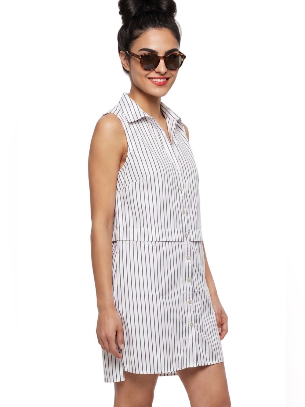 Ellen Tracy White Gray thin Stripes Button Front Shirtdress Collar Sleeveless M
